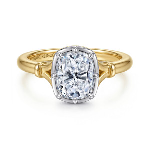 Gabriel & Co. ER17438G8M4JJJ 14 karat white and yellow gold Contemporary engagement ring, front view of an elongated cushion center in a squared frame with teardrop prongs and collared arms