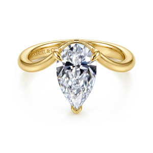 Gabriel & Co. ER17439P10Y44JJ 14 karat yellow gold Contemporary engagement ring, front view of a pear shaped center held by a V tipped prong at its point
