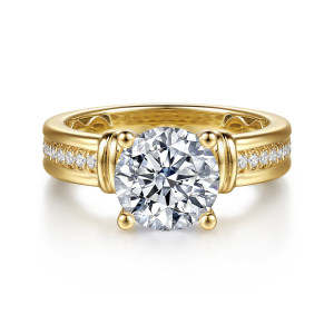 Gabriel & Co. ER17440R8Y44JJ 14 karat yellow gold Contemporary engagement ring, front view of a round center between rolled collars above a wide channel band of small diamonds