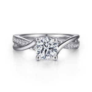 Gabriel & Co. ER6360PT4JJ platinum Contemporary engagement ring, front view of a round center on ball tipped prongs above crossing rails