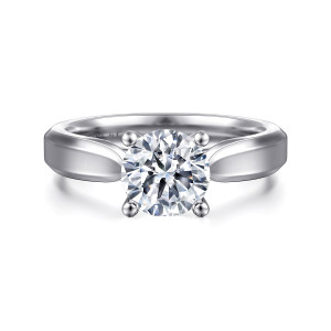 Gabriel & Co. ER6592W4JJJ 14 karat white gold Classic engagement ring, front view of a round center on ball tipped prongs above flat beveled shoulders
