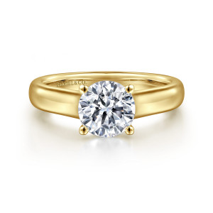 Gabriel & Co. ER6602Y4JJJ 14 karat yellow gold Classic engagement ring, front view of a round center held by four ball tipped prongs on a wide polished band