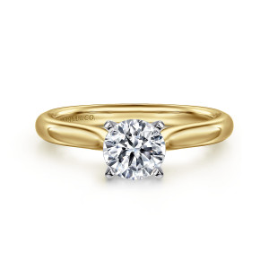 Gabriel & Co. ER6684M4JJJ 14 karat white and yellow gold Classic engagement ring, front view of a round center held by four pointed prongs above a plain tapering band