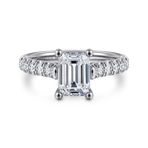 Gabriel & Co. ER7016E6W44JJ 14 karat white gold Classic engagement ring, front view of a rectangular center with ball tipped prongs between two rows of round stones