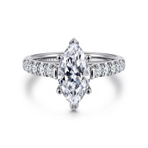 Gabriel & Co. ER7016M6W44JJ 14 karat white gold Classic engagement ring, front view of a marquise center pointing along the finger with diamonds on both shoulders