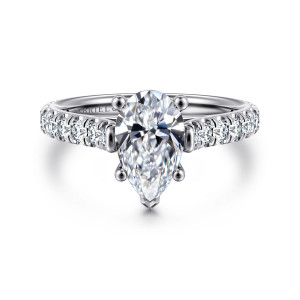 Gabriel & Co. ER7016P6W44JJ 14 karat white gold Classic engagement ring, front view of a pear shaped center with round tipped prongs and a pointed tip claw