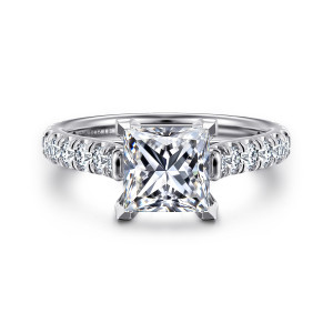 Gabriel & Co. ER7016S6W44JJ 14 karat white gold Classic engagement ring, front view of a princess cut center with four corner prongs and round diamonds on the shoulders