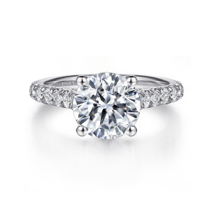 Gabriel & Co. ER7016W44JJ 14 karat white gold Classic engagement ring, front view of a round center on ball tipped prongs with a row of diamonds along each shoulder