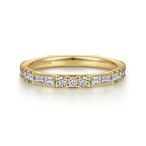 Gabriel & Co. LR4572Y45JJ 14 karat yellow gold Stackable ring, front view of round diamonds in prong heads beside paired baguette diamonds in milgrain frames