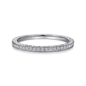 Gabriel & Co. LR4793W45JJ 14 karat white gold Stackable ring, front view of the diamond row between milgrain borders with engraving on the near side