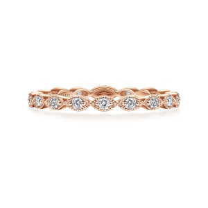 Gabriel & Co. LR4794K45JJ 14 karat rose gold Stackable ring, front view of round diamonds in pointed oval frames with beaded edges linked tip to tip