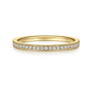 Gabriel & Co. LR4862Y45JJ 14 karat yellow gold Stackable ring, front view of a single row of round stones between two beaded rails