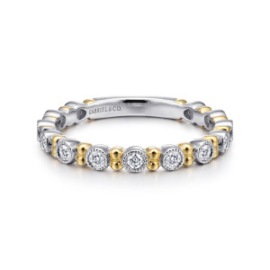 Gabriel & Co. LR4867M44JJ 14 karat white and yellow gold Bujukan ring, front view of bezel set round stones with beaded rims between pairs of warm toned beads