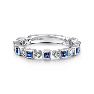 Gabriel & Co. LR4912W45SA 14 karat white gold Stackable ring, front view of square blue stones alternating with round diamonds in turned settings