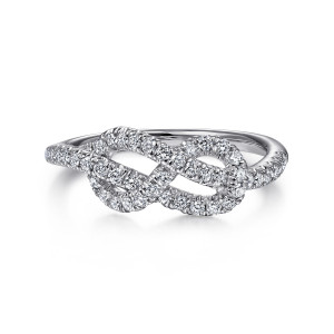 Gabriel & Co. LR50151W45JJ 14 karat white gold Lusso ring, front view of an infinity knot of diamond lined strands on a tapered band
