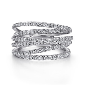 Gabriel & Co. LR50964W45JJ 14 karat white gold Lusso ring, front view of slanting strands overlapping in a crossover, most lined with round stones