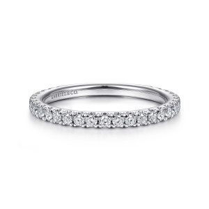 Gabriel & Co. LR50992W45JJ 14 karat white gold Stackable ring, front view of the line of round diamonds in prongs with a maker's mark inside