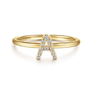 Gabriel & Co. LR51164A-Y45JJ 14 karat yellow gold Stackable ring, front view of the letter standing on the band with a maker's mark inside