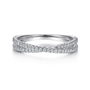 Gabriel & Co. LR51169W45JJ 14 karat white gold Stackable ring, front view of two diamond strands crossing at the top with a maker's mark inside