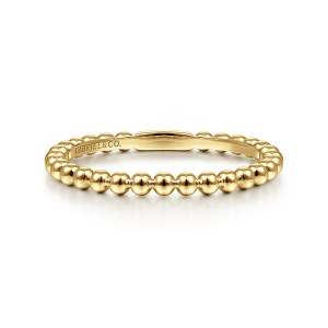 Gabriel & Co. LR51172Y4JJJ 14 karat yellow gold Stackable ring, front view of round metal beads in a line with a maker's mark inside