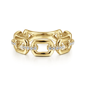 Gabriel & Co. LR51248Y45JJ 14 karat yellow gold Stackable ring, front view of an open link with clipped corners between two bars of round diamonds