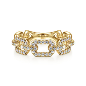 Gabriel & Co. LR51249Y45JJ 14 karat yellow gold Stackable ring, front view of open rectangular links outlined in diamonds with a maker's mark inside