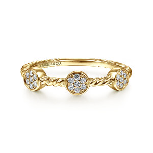 Gabriel & Co. LR51256Y45JJ 14 karat yellow gold Stackable ring, front view of round stone discs joined by short lengths of twisted rope