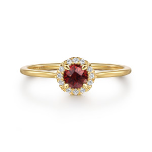 Gabriel & Co. LR51264Y45GN 14 karat yellow gold Color ring, front view of a round red stone in prongs ringed by a frame of round diamonds