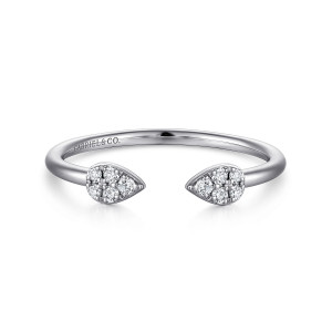 Gabriel & Co. LR51283W45JJ 14 karat white gold Stackable ring, front view of two pear shaped diamond clusters with their points facing