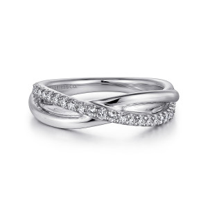 Gabriel & Co. LR51410SVJWS sterling silver Contemporary ring, front view of a strand of colorless faceted stones crossing over a smooth strand