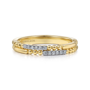 Gabriel & Co. LR51456Y45JJ 14 karat yellow gold Stackable ring, front view of offset rows with diamond bars set beside metal beads