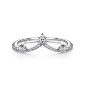 Gabriel & Co. LR51459W45JJ 14 karat white gold Contemporary ring, front view of the pointed chevron with a prong set diamond cluster at its peak