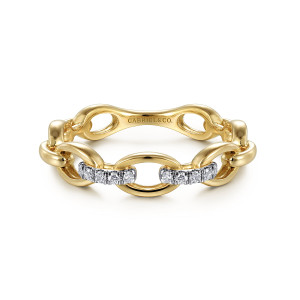 Gabriel & Co. LR51461Y45JJ 14 karat yellow gold Stackable ring, front view of an open oval link between two bars of diamonds