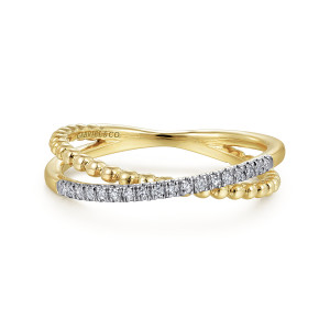 Gabriel & Co. LR51463Y45JJ 14 karat yellow gold Bujukan ring, front view of the diamond strand crossing over a row of polished metal beads