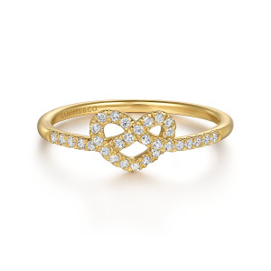 Gabriel & Co. LR51470Y45JJ 14 karat yellow gold Lusso ring, front view of the looped knot with crossing strands set in diamonds