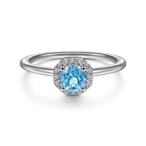 Gabriel & Co. LR51511W45BT 14 karat white gold Color ring, front view of the blue round stone in prongs and its angular diamond frame