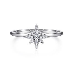 Gabriel & Co. LR51609W45JJ 14 karat white gold Kaslique ring, front view of a star of diamond set points with a larger stone in the middle