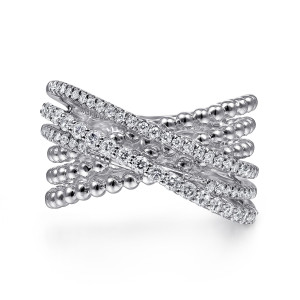 Gabriel & Co. LR51636SVJWS sterling silver Bujukan ring, front view of beaded and stone set lines crossing diagonally above open gaps
