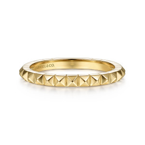 Gabriel & Co. LR51692Y4JJJ 14 karat yellow gold Stackable ring, front view of the pyramid studs, each with four polished faces, and a smooth inside