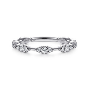 Gabriel & Co. LR51696W45JJ 14 karat white gold Stackable ring, front view of pointed oval stations with a larger round stone between smaller ones