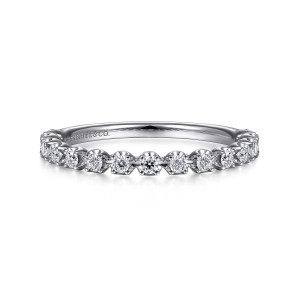 Gabriel & Co. LR51698W45JJ 14 karat white gold Stackable ring, front view of round diamonds in spaced prong heads above a polished inside with a maker's mark