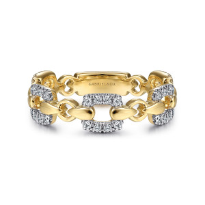 Gabriel & Co. LR51699Y45JJ 14 karat yellow gold Stackable ring, front view of an open rectangular link set with diamonds between polished links