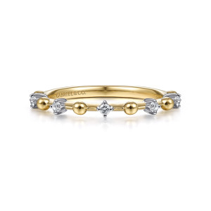Gabriel & Co. LR51703Y45JJ 14 karat yellow gold Stackable ring, front view of round metal beads alternating with prong set diamonds on a thin band