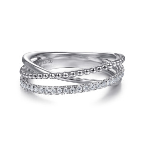 Gabriel & Co. LR51721SVJWS sterling silver Bujukan ring, front view of the crossing strands with metal beads above and a stone row below