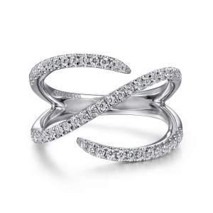 Gabriel & Co. LR51730W45JJ 14 karat white gold Kaslique ring, front view of a slanting diamond strand between curved strands that end in points