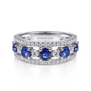 Gabriel & Co. LR51738W45SA 14 karat white gold Color ring, front view of blue and colorless round stones alternating between two pave edges