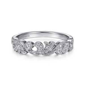 Gabriel & Co. LR51759W45JJ 14 karat white gold Stackable ring, front view of pierced scrolls and leaves with milgrain edging and diamonds in tiny collars