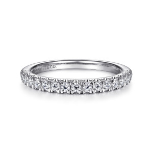 Gabriel & Co. LR51760W45JJ 14 karat white gold Stackable ring, front view of the row of round diamonds with scalloped shared prongs and a maker's mark