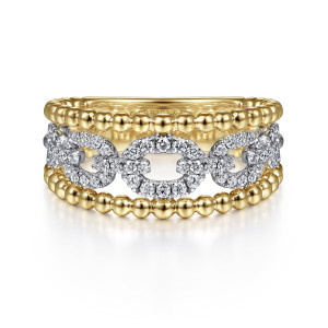 Gabriel & Co. LR51783M45JJ 14 karat white and yellow gold Bujukan ring, front view of open oval links set with stones between two rims of polished metal beads