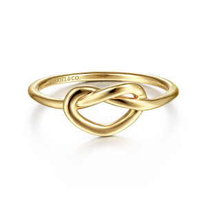 Gabriel & Co. LR51803Y4JJJ 14 karat yellow gold Contemporary ring, front view of a wire knot forming an open teardrop shaped loop and a maker's mark inside